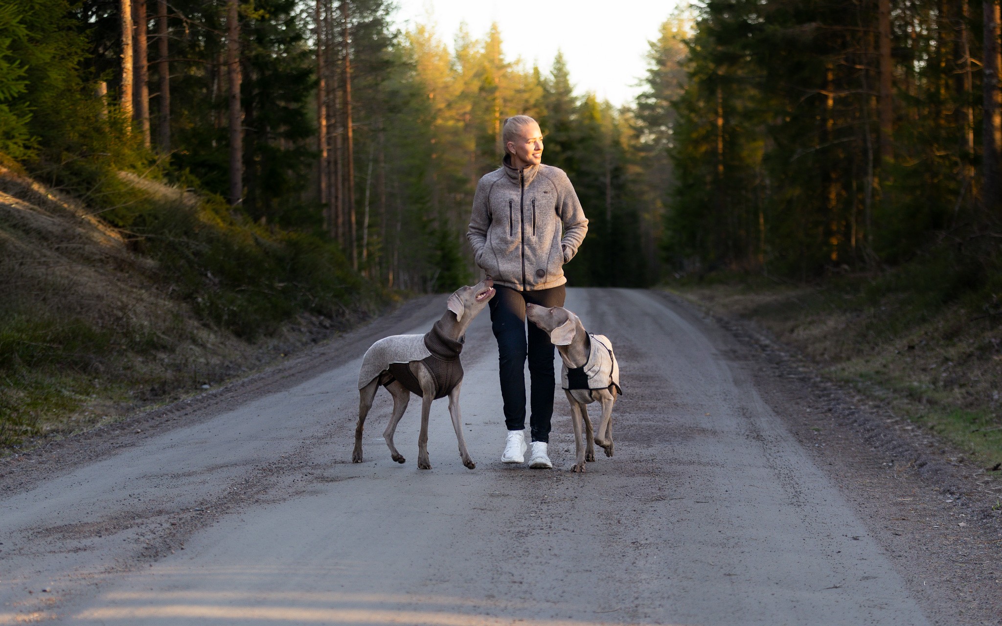 Kvinne i blå Canelana ulljakke og pannebånd på tur i skogen med to weimaranere iført blå hundedekken