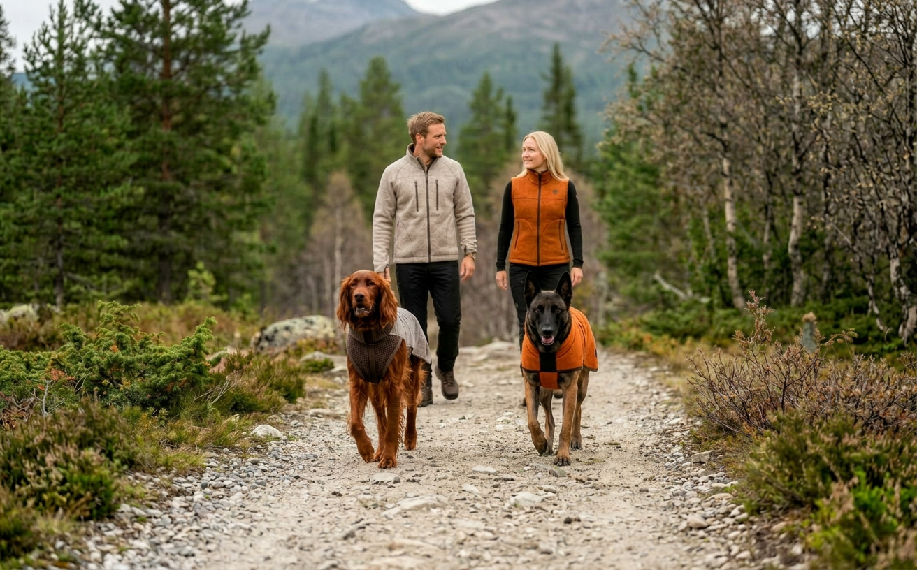Kvinne i blå Canelana ulljakke og pannebånd på tur i skogen med to weimaranere iført blå hundedekken